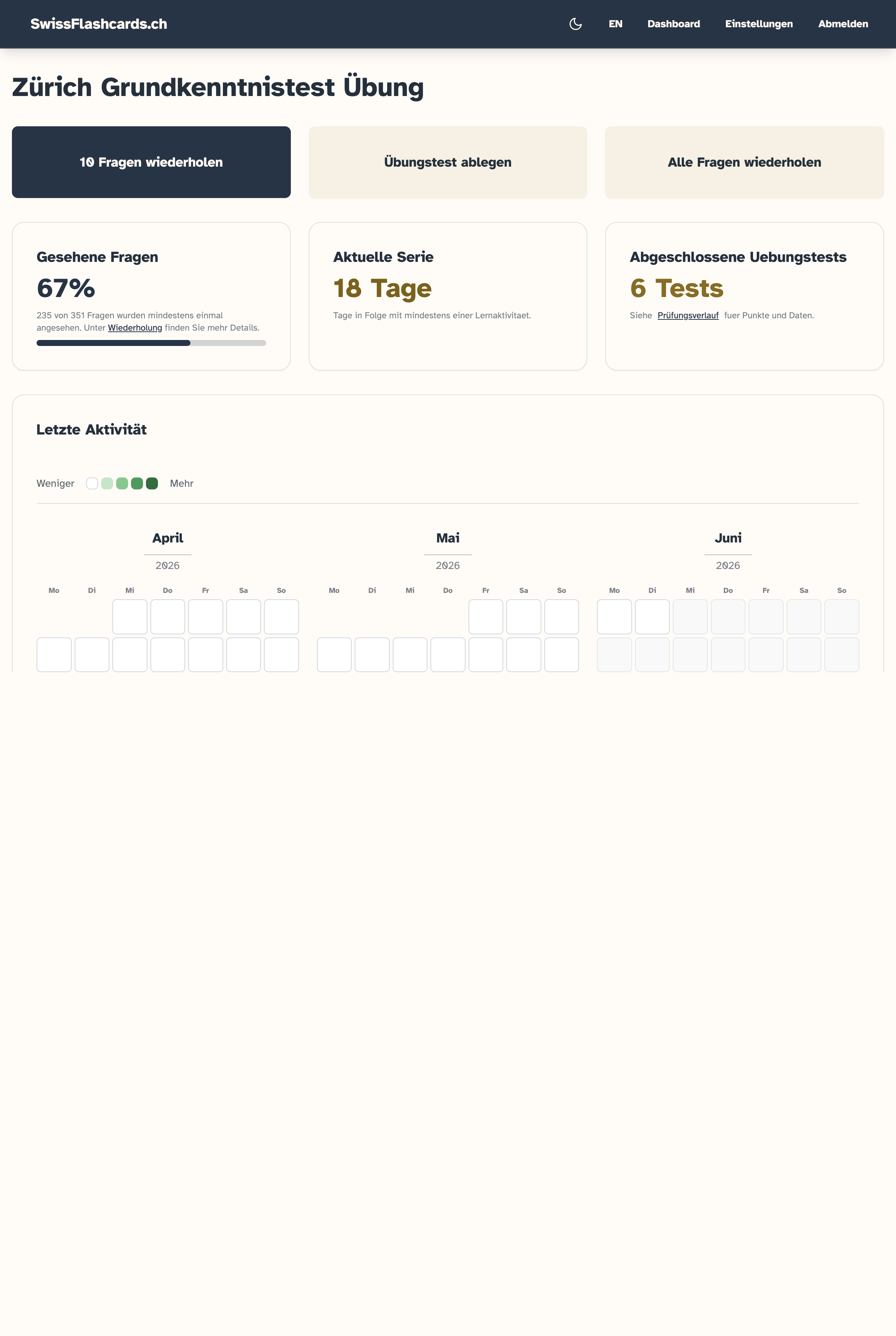 SwissFlashcards-Dashboard mit Fortschritt, Streak und aktuellen Lernaktivitäten