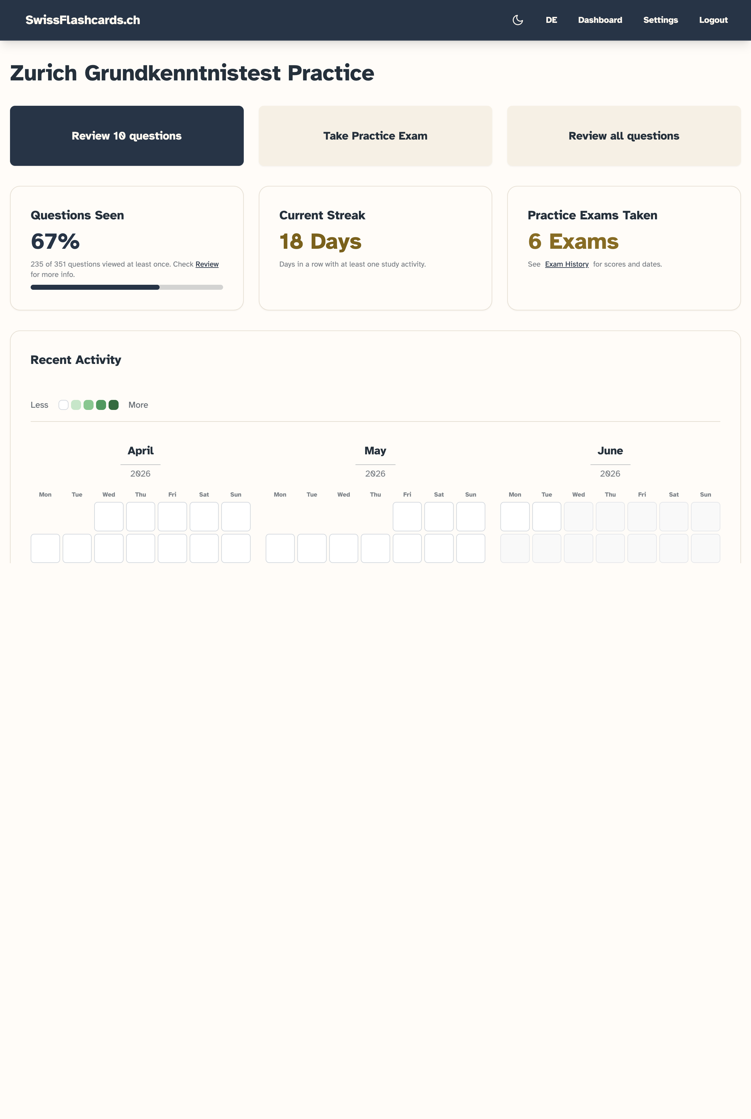 SwissFlashcards dashboard showing progress, streak, and recent study activity