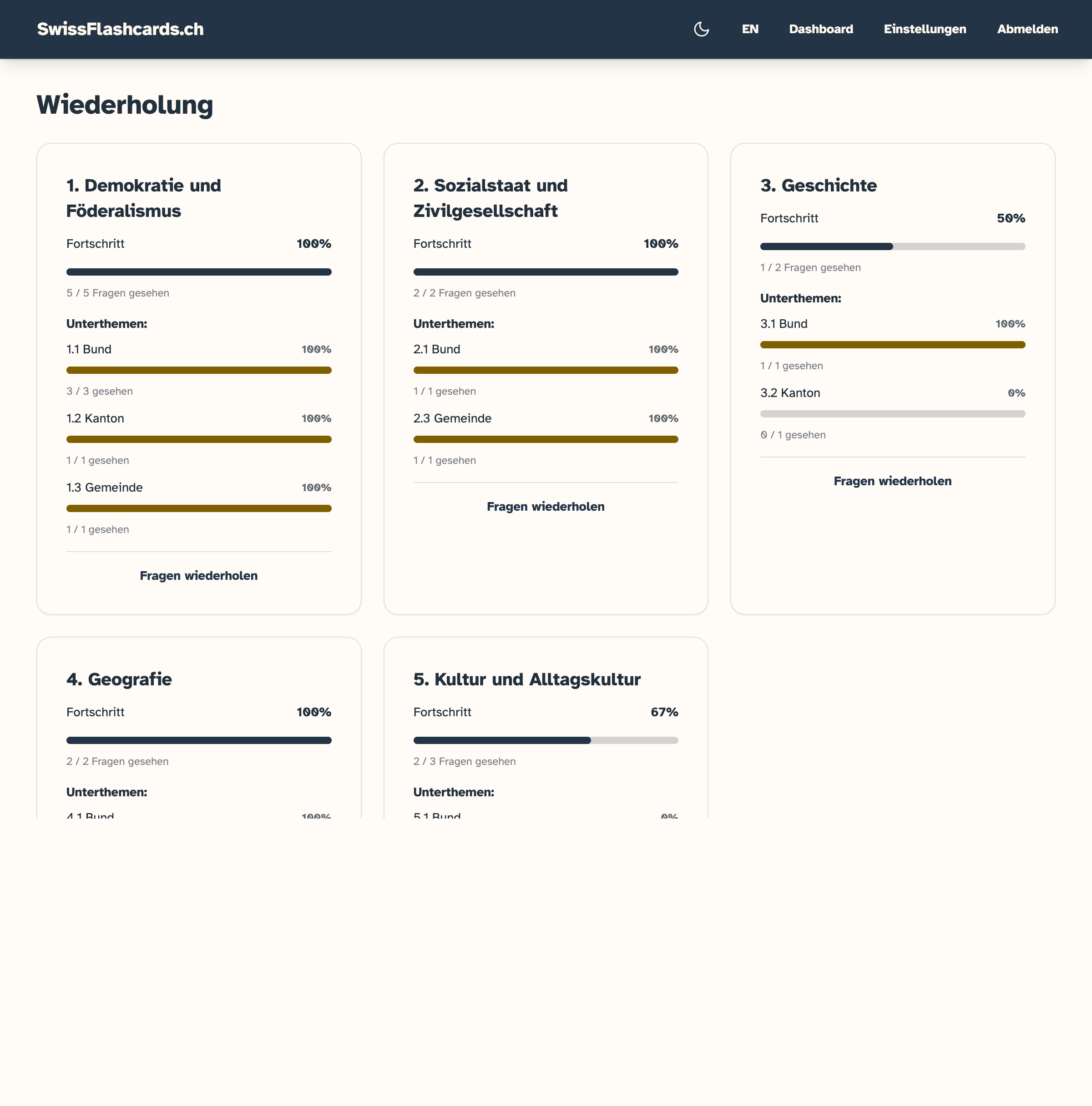 Übersichtsseite mit Fortschritt pro Themenbereich und Lernstatistik