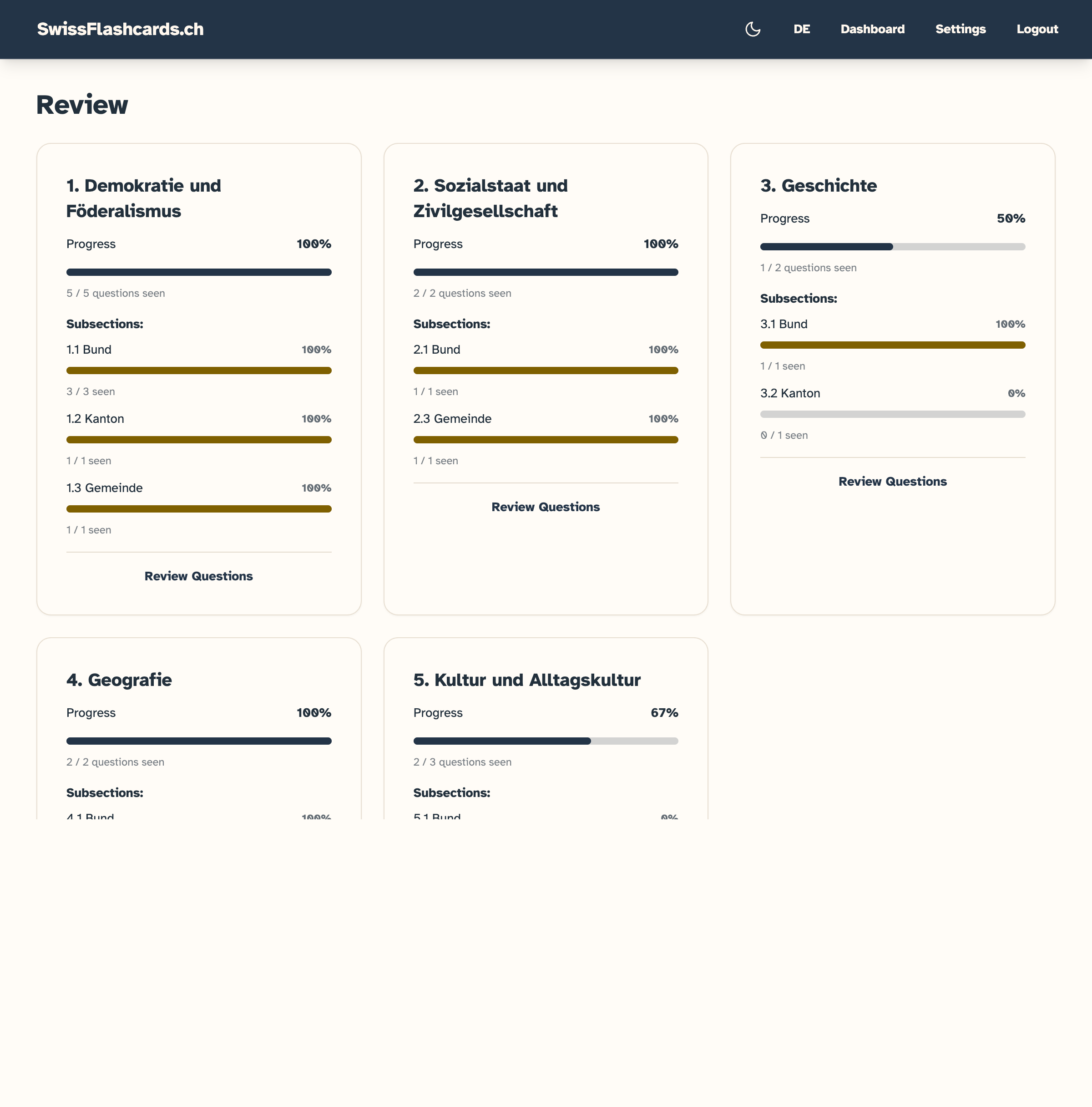 Overview page with section progress and study stats
