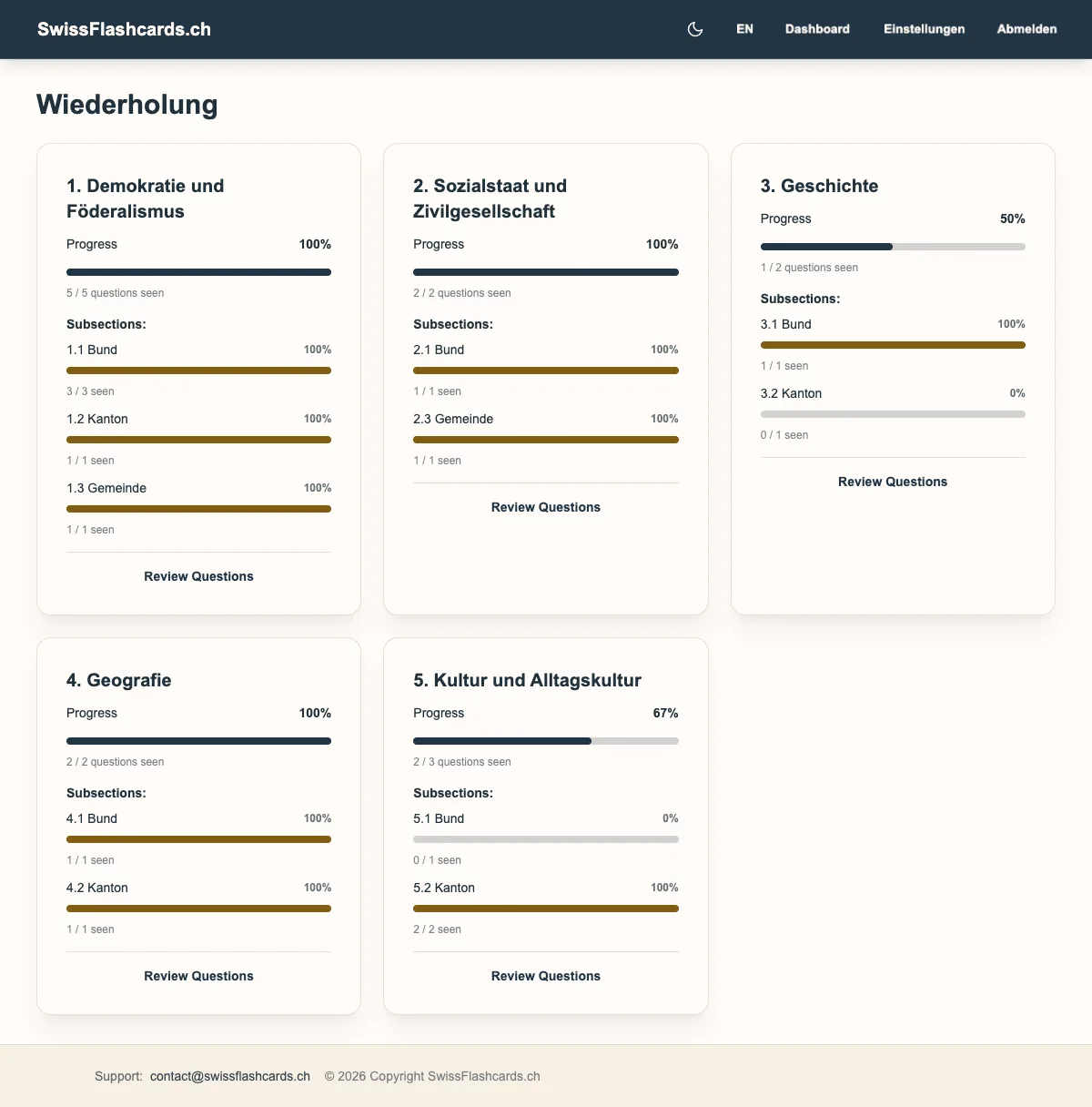 Overview page with section progress and study stats