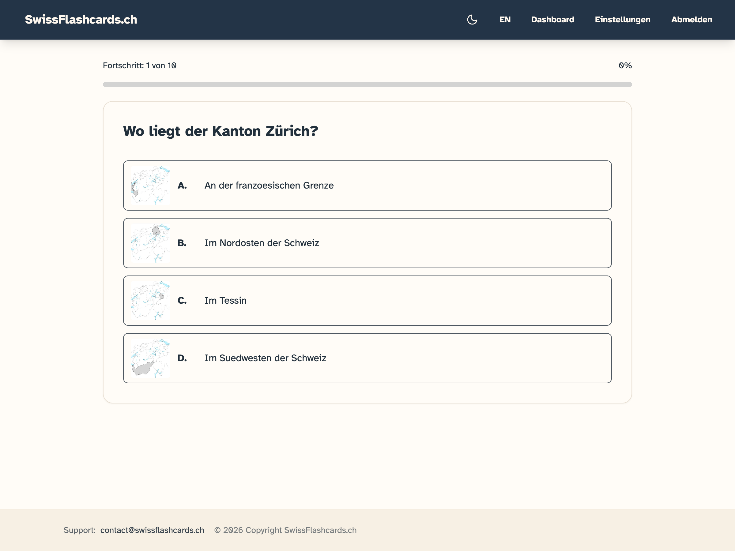 Übungssession mit einer Multiple-Choice-Karteikartenfrage