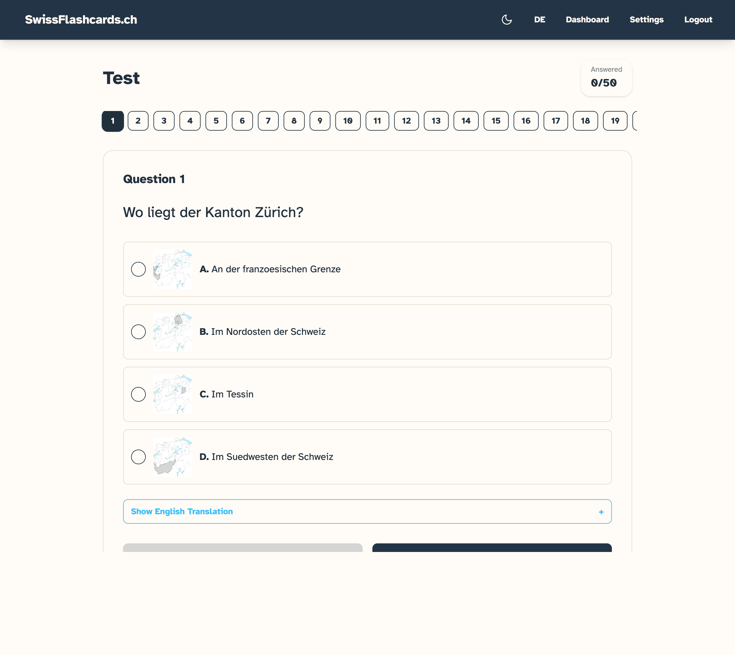 Mock test screen with exam-style multiple-choice questions
